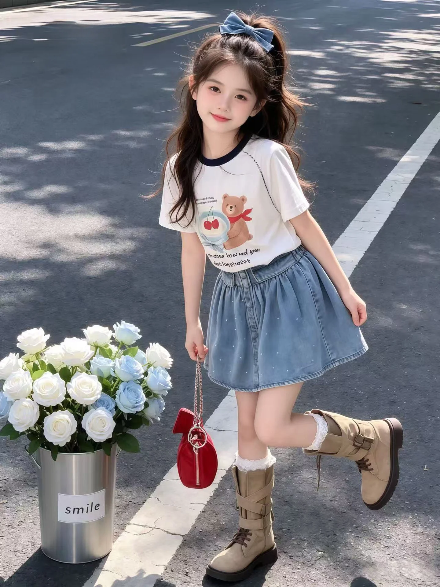 女の子の夏服クマ柄半袖デニムスカートとパンツ2点セットカジュアル軽量快適子供服