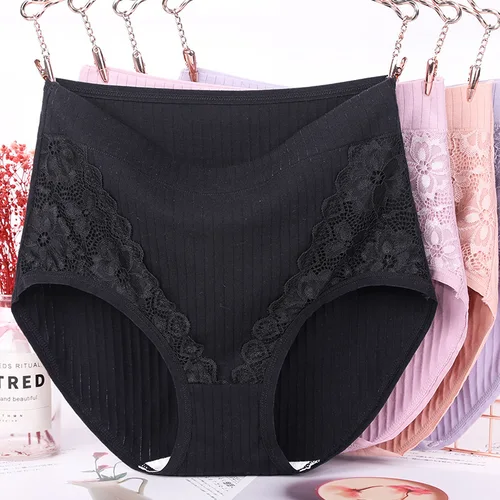 Imagen 2 del producto Bragas de algodón de talla grande para mujer, ropa interior de talla grande, bragas de Color sólido, bragas triangulares de cintura alta, lencería femenina transpirable