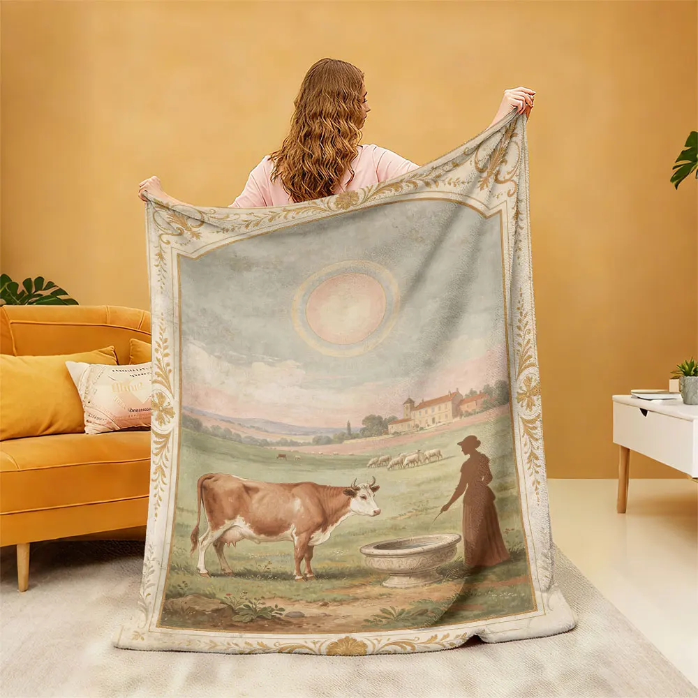 1Pc European Ranch Plough Ox Oil Painting Flannel Blanket Multiple Sizes Soft Throw Blanket For Sofa Rest Office Daily Nap De