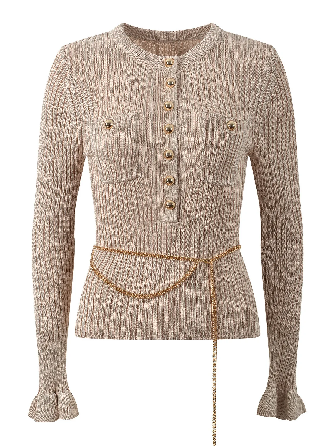 

Ele Faionable Slim Fit круглый вязаный топ на одной пуговице с цепочкой на талии, осеннее новое поступление, женский свитер