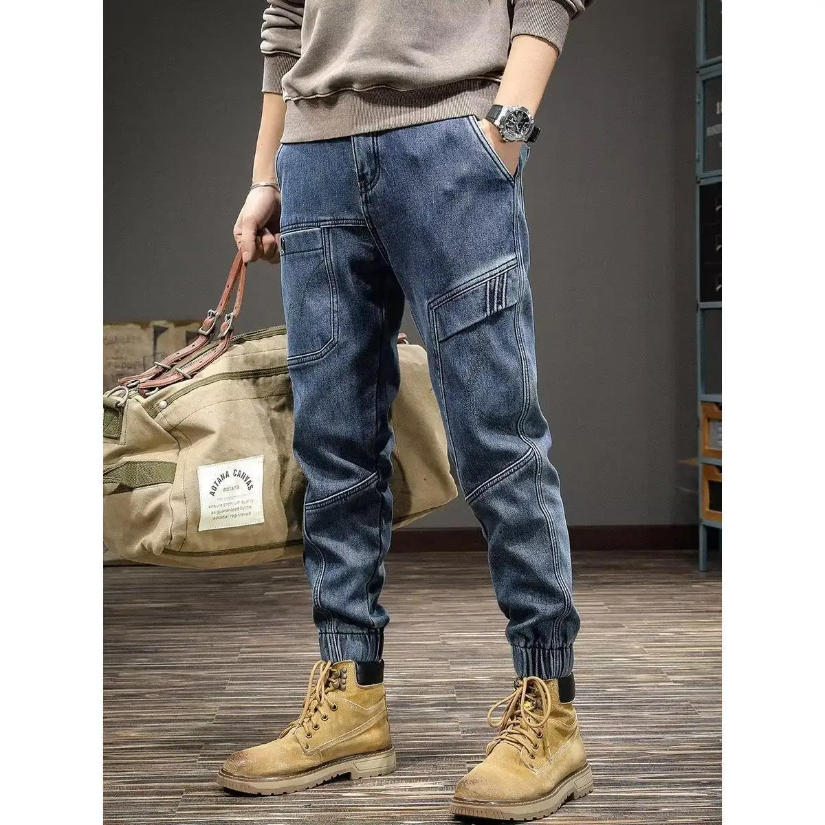 New 2025 Luxury Clothing Workwear Vintage Cowboy Pants Men Winter Brand Splicing Foot-binding Casual Harem Pants Trousers