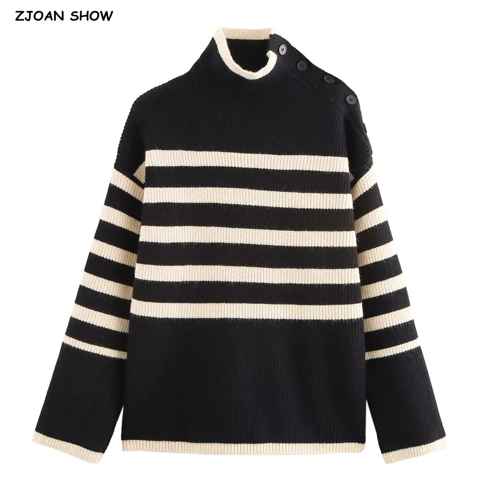 

CHILL 2024 Fall Winter Women Striped Turtleneck Sweater Oversize Thick Pullovers Loose Long Sleeve Warm Female Retro Jumper Tops