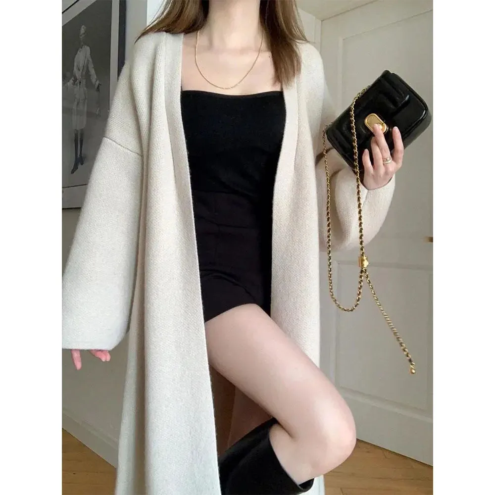 Long Sweater Cardigan 2023 Autumn Winter New Women Korean Loose Lazy Style Knitted Jacket Sweet Over The Knee Cardigan  Coat