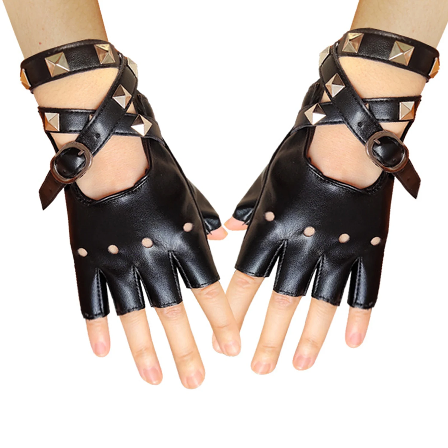 

Fashion Men Punk Hiphop Rivet Half Finger Leather Gloves Women's Stage Performance Fingerless Touch Screen Motorcycle Mittens