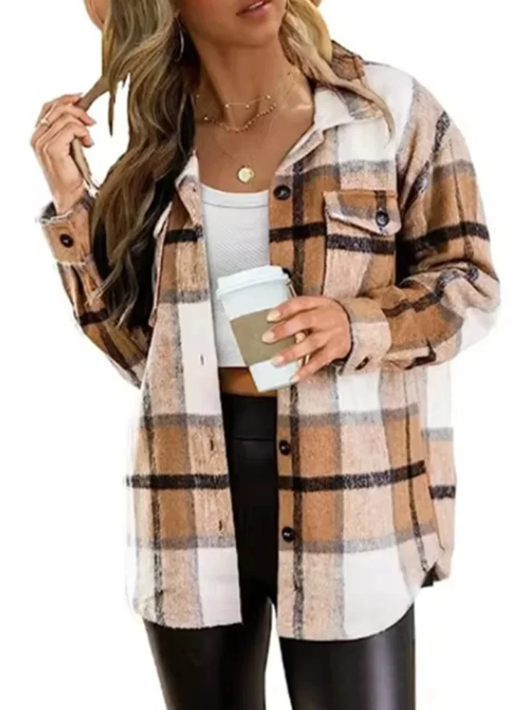 Checkered Pocket Long Sleeved Lapel Button Women's Jacket Fashionable Street Casual Comfortable Autumn Top