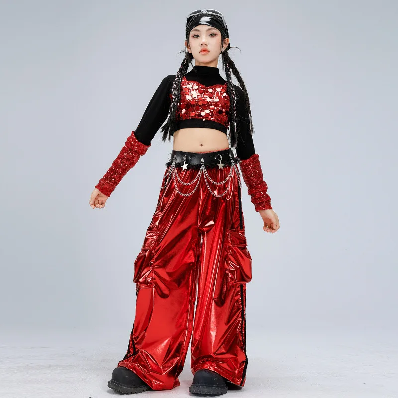 새로운 소녀 재즈 댄스 의상 빨간색 스팽글 댄스복 세트 크롭 긴팔 상의 헐렁한 바지 그룹 케이팝 댄스 무대 공연복