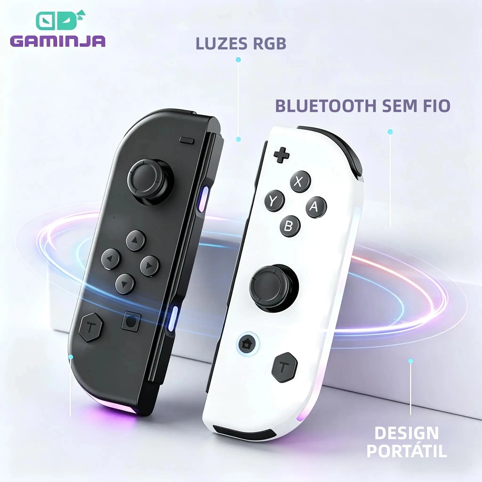 Controlador Joy-Con sem fio GAMINJA para Nintendo Switch com luz de fundo RGB, vibração dupla, joystick de alta precisão e gamepad.