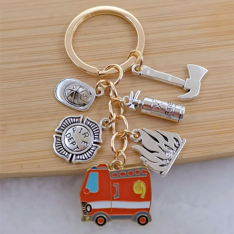 Metal flame firefighter keychain, fire extinguisher axe helmet badge, fire truck firefighting hero commemorative gift