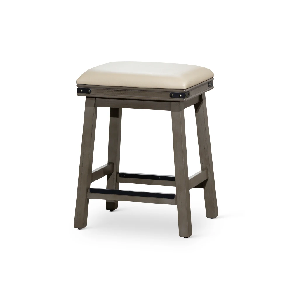 Tabouret de comptoir de 24 po, finition gris patiné, siège en cuir gris français