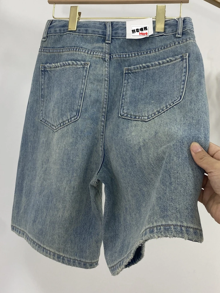 Summer Women Retro Denim Shorts High Waist Hole Ripped Loose Straight Short Pants Versatile Casual Half Pants Female Streetwear