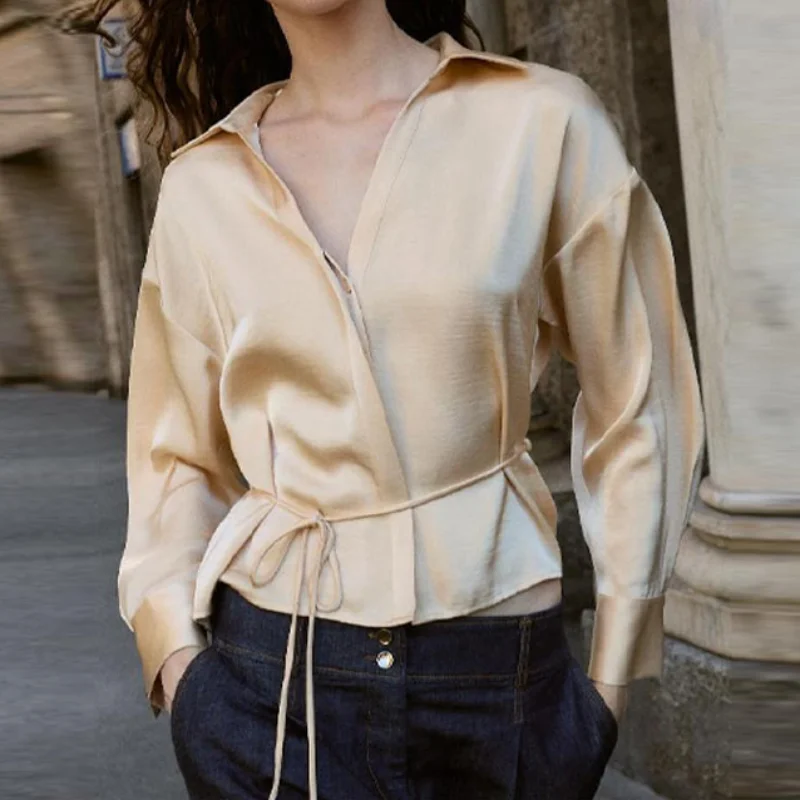 여성용 우아한 새틴 셔츠 라펠 레이스업 슬림핏 탑 솔리드 빈티지 블라우스 출퇴근 오피스 탑 2025 신상 여성 패션 코트