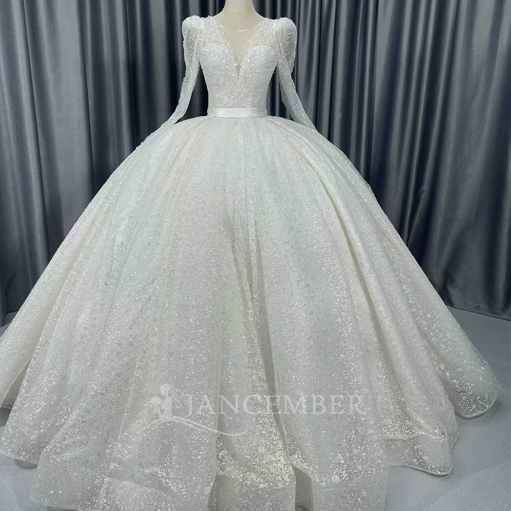 

Luxury Beaded O-neck Wedding Dress With Long Cloak Glitter Crystals Bridal Dresses Custom Made Wedding Gowns فساتين حفل