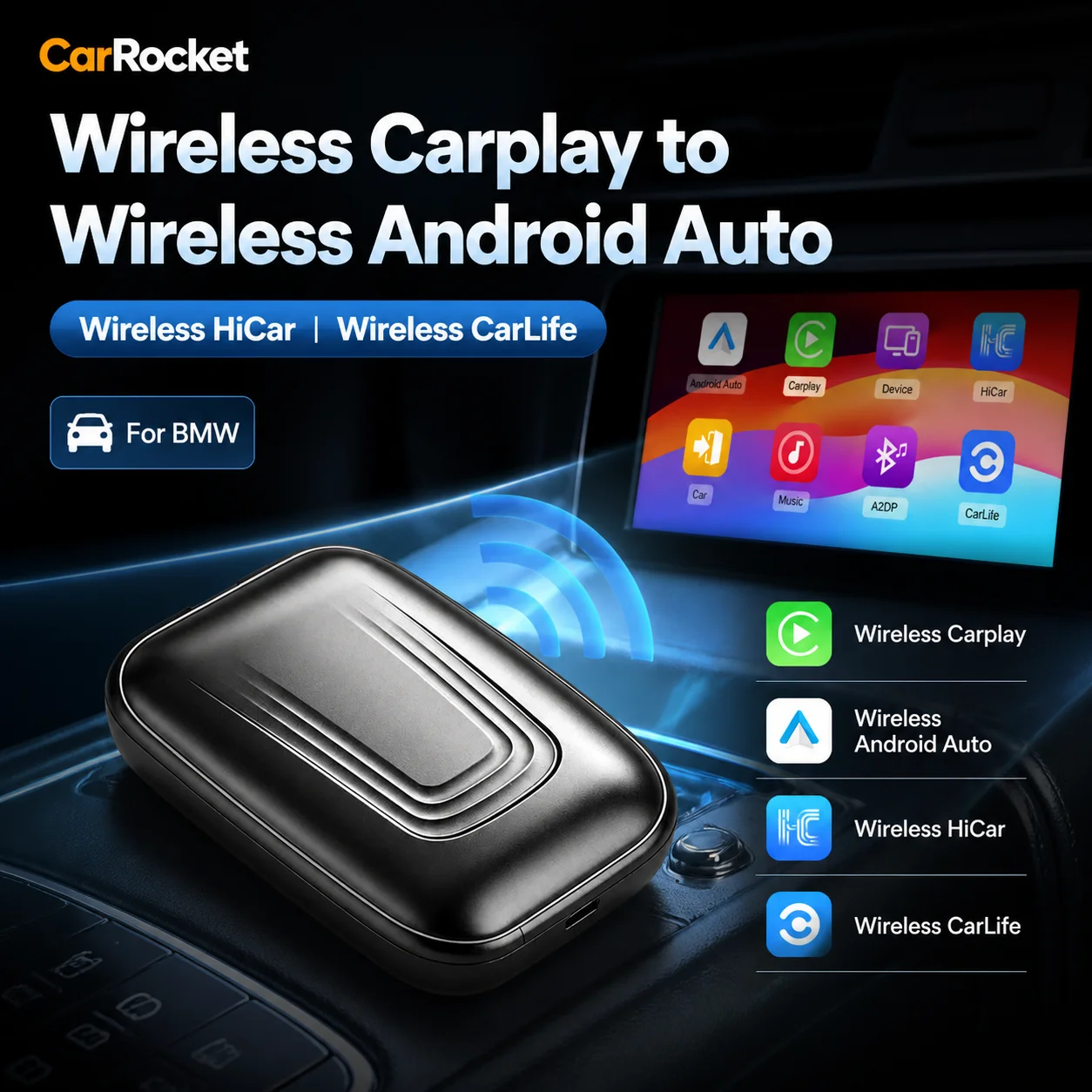 4‑in‑1 Wireless CarPlay Android Auto Adapter For BMW Support Wireless HiCar CarLife Plug and Play Car Smart Link Converter