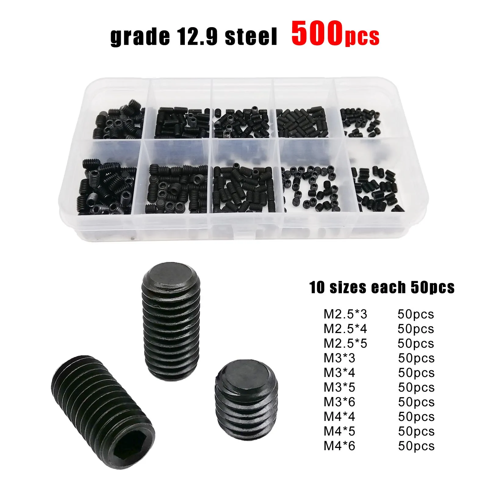 500pcs DIN913 Hex Hexagon Socket Allen Flat Point Set Screw Grub Bolt M2.5 M3 M4 304 A2 Stainless Steel Grade 12.9 Steel Kit Box