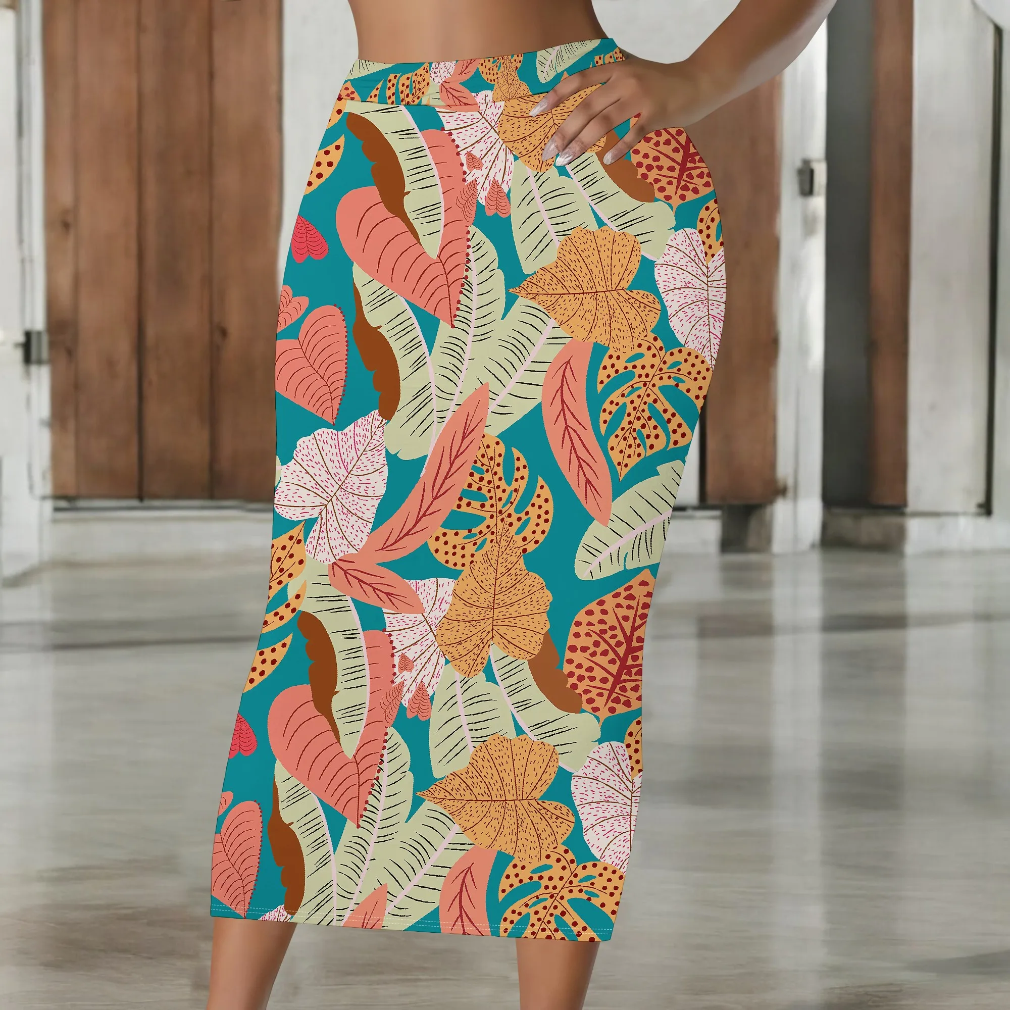 Tropischer Print-Rock, Boho-Midirock, Rock mit Blattmuster, Bleistiftrock mit hoher Taille, Sommer-Strand-Urlaubskleidung, S-2XL – Detail 5