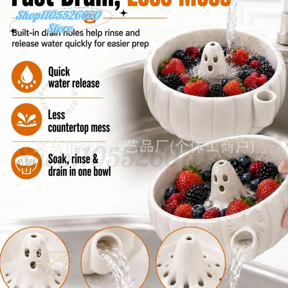 3D Printed Halloween Ghost Pumpkin Swirl Fruit Washing Bowl,Soak Rinse Drain Kitchen Strainer Bowl,Auto- Spinning Berry Colander