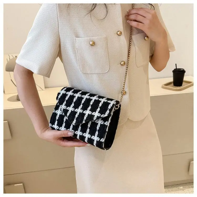 Fashion Plaid Print Tweed Crossbody Bag for Women Casual Versatile Female Shopping Chain Shoulder Pack Large Capacity Handle Bag