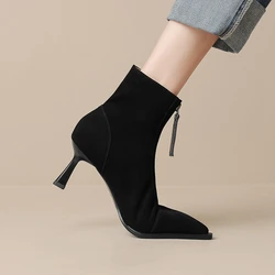 NEW Autumn Women Boots Pointed Toe Thin Heel Ankle Boots Sheep Suede Leather Shoes for Women Winter Black High Heel Boots Women