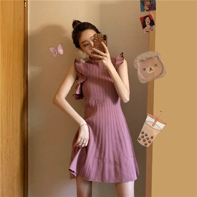 Women's Clothing Fashion Casual Turtleneck Skinny Solid Color Patchwork Temperament Mini Skirts Elegant Sweet Sleeveless Dresses