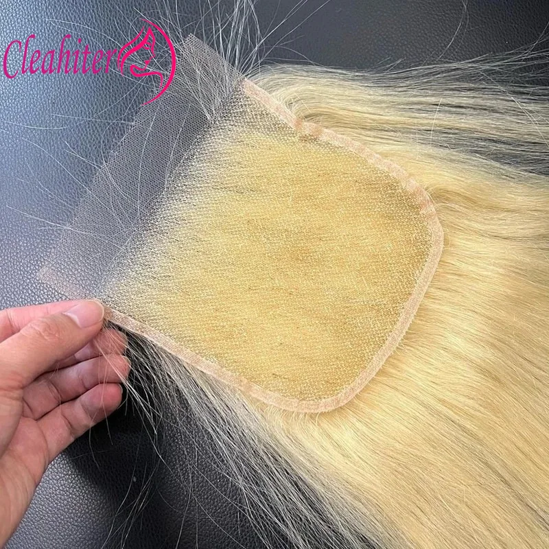 100% cabello humano 613 Rubio recto 4x4 Cierre de encaje transparente cabello virgen brasileño pre-arrancado extremo completo 10-20 pulgadas