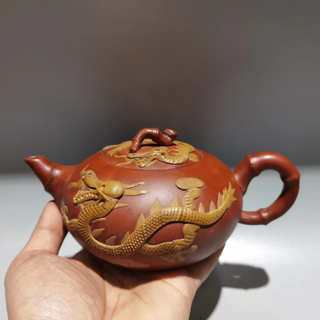 

8"Chinese Yixing Purple clay pot Chinese Loong Dragon Texture Bamboo nodes Kettle Teapot Flagon Gather fortune Ornaments