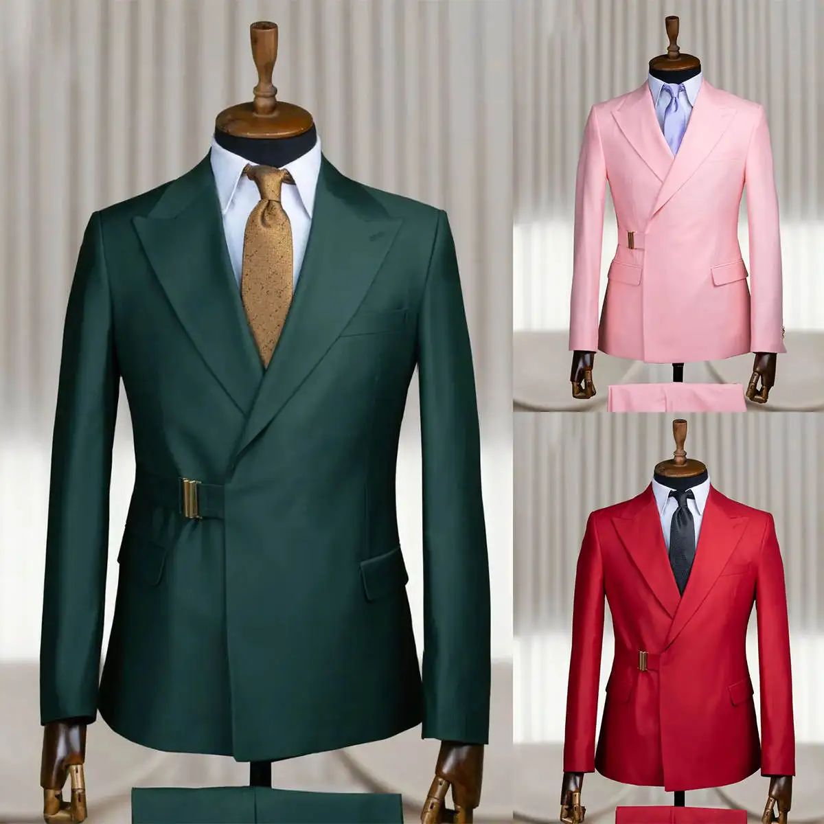Daily Wedding Tuxedos Metal Buckle Jacket Pants Groom Suit Casual Peaked Lapel Long Sleeve Evening Party Outfits Customized