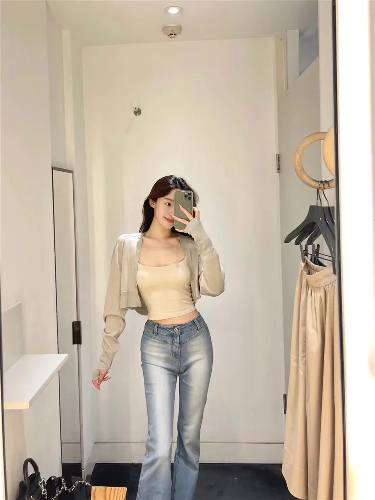 American High Street Light Blue Micro Flared Jeans Women's Spring Autumn Slimming Long Floor Length  Hoof Pants