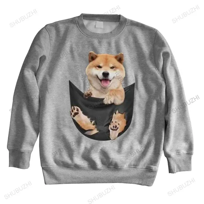 Cute Shiba Inu Puppy Inside Fake Pocket hoodie Men long sleeved Funny Japan Dog Lover sweatshirts Cotton Casual sweatshirt