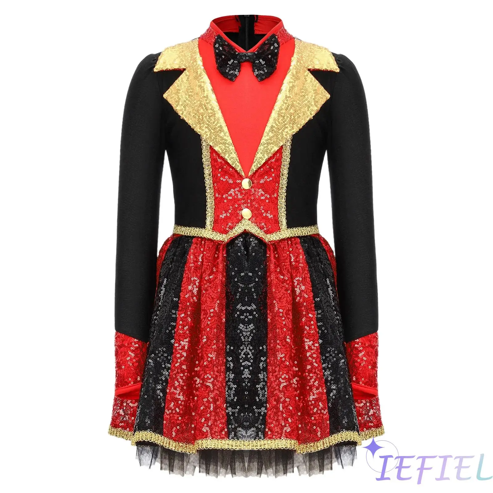 

Sparkling Circus Puffy Dress Girls Sequin Color Block Gold Trim Bow Tie Hidden Zipper Built In Crotch Snaps Performance Costume