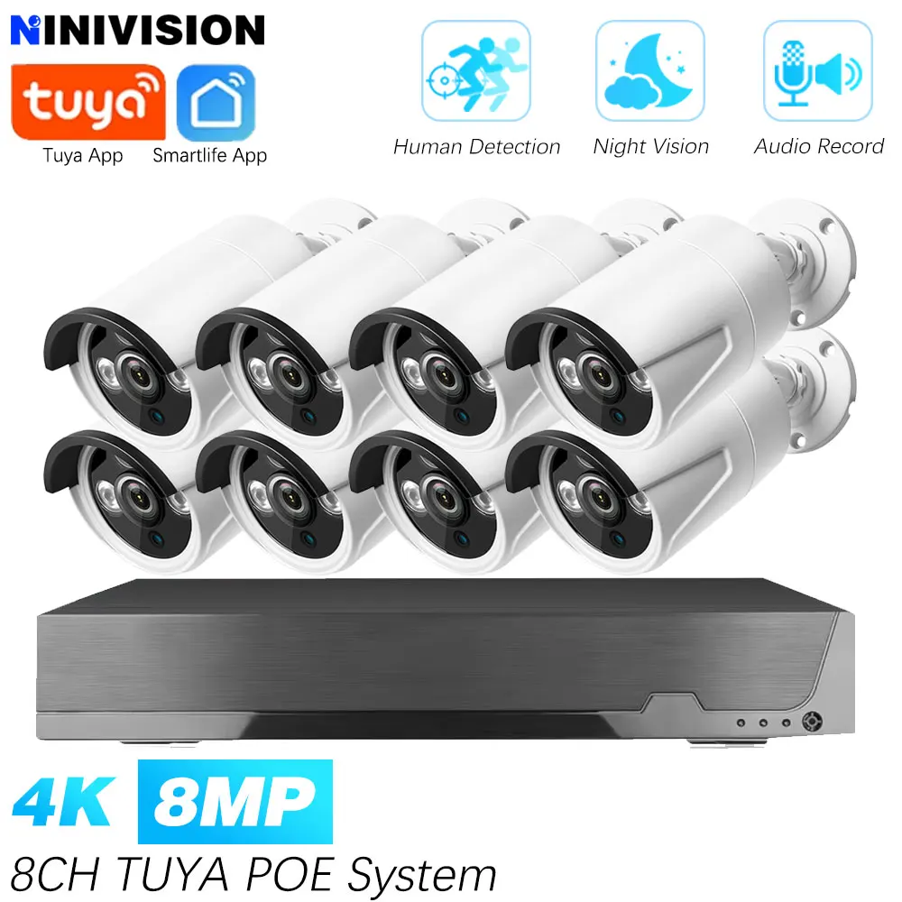 TUYA Smart Life 8CH 4K 8MP POE Security AI Camera System CCTV Audio Record IP66 Waterproof Surveillance Protection Kit Poe NVR