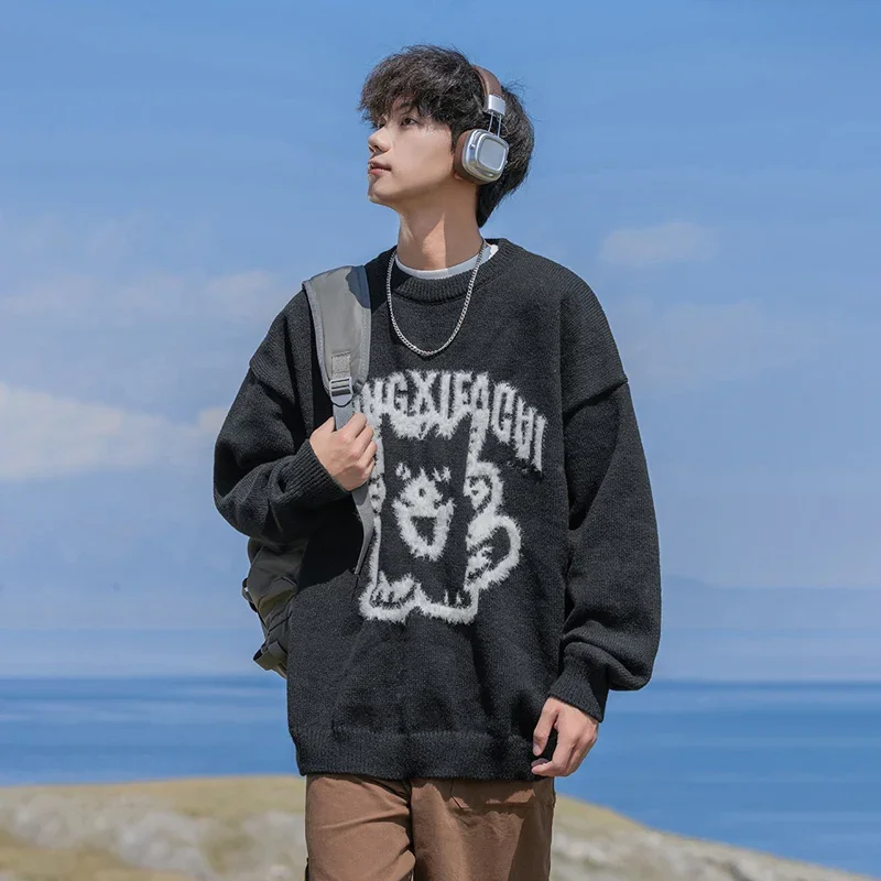 

TFETTERS Brand 2024 New Sweaters Male Hand Drawn Cartoon O Neck Loose Autumn WinterPullovers for Couples Casual Streetwear