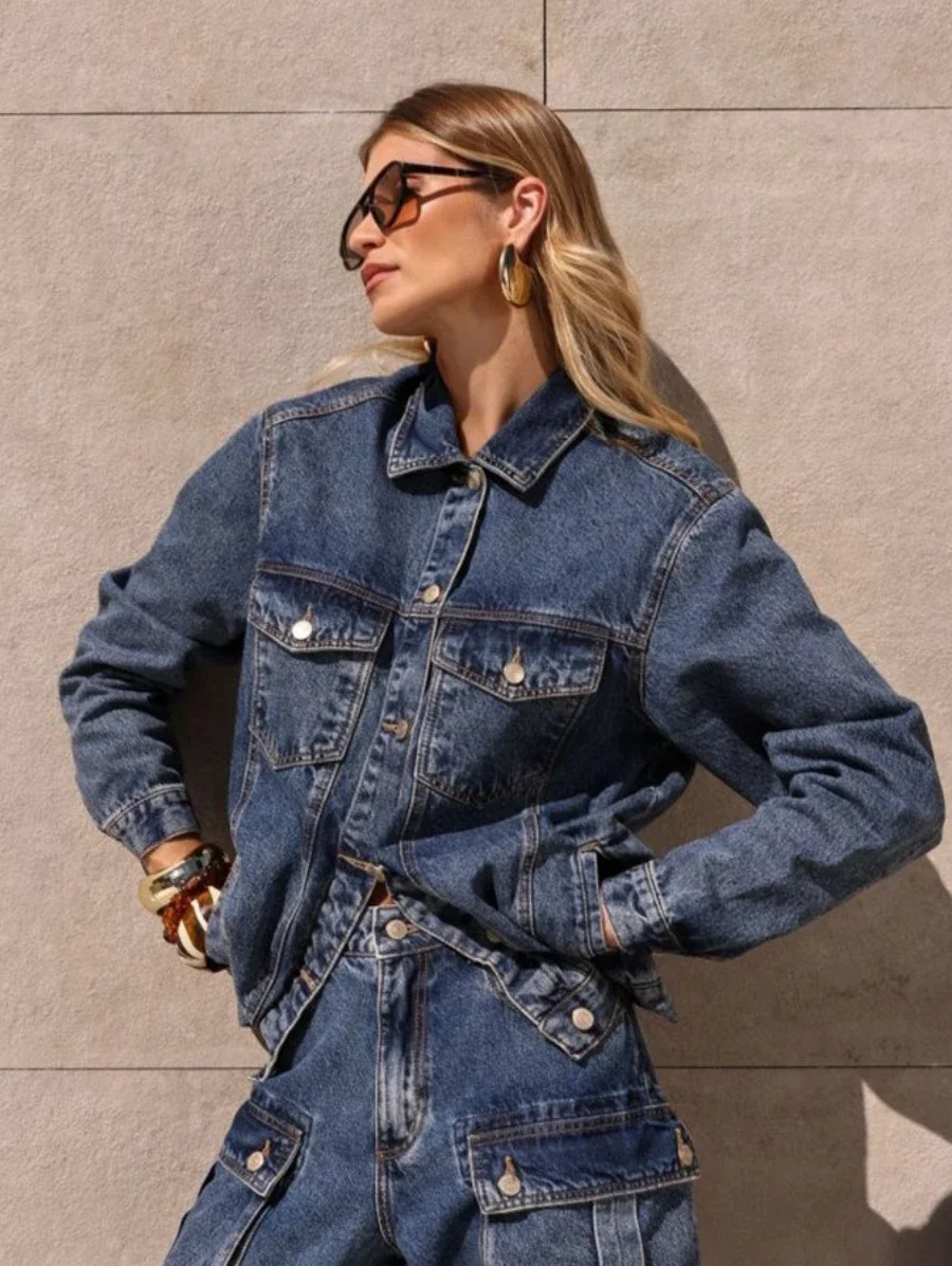 Fmxires 2025 Neue Damen-Jeansjacke im Retro-Stil, dunkelblau, Revers, neuer Herbst, locker, stilvoll, lässig, täglich, Oberbekleidung, Denim-Tops