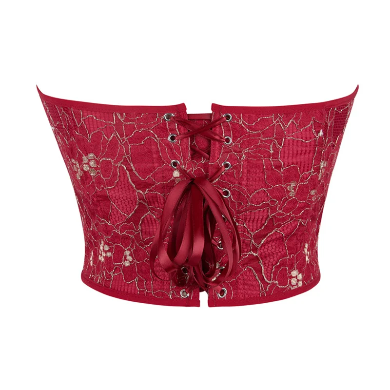 Corset bustier bustier sans bretelles pour femme, vêtements en saillie pour patients rouges, gaze rouge foncé avec broderie dorée, vêtements de mariage