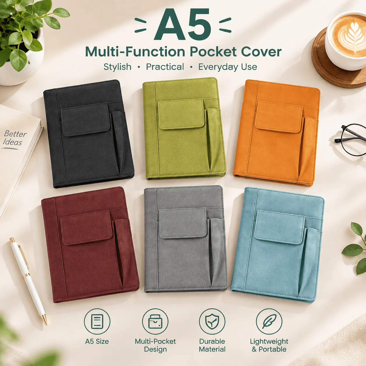 A5 PU Leather Multi Function Notebook Cover Multi Pocket Organizer with Pen Slot Journal Planner Office Daily Stationery Sleeve
