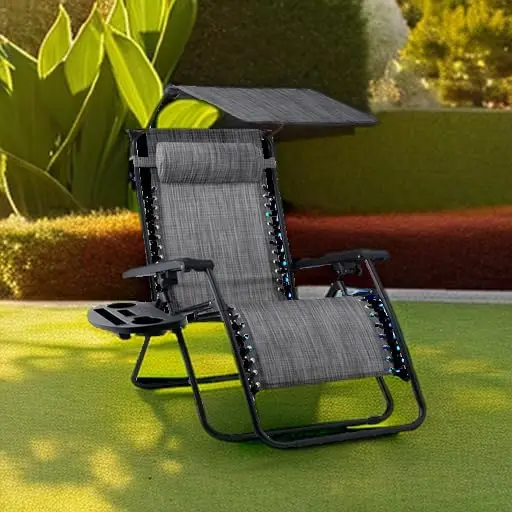 Folding Zero Gravity Outdoor Recliner Patio Lounge Chair w/Adjustable Canopy Shade, Headrest, Side Accessory Tray, Textilene Mesh - Gray