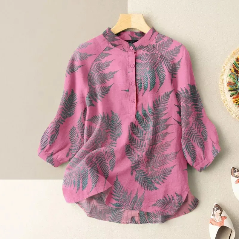 2023 Oversize Cotton Linen Blouse Vintage Leaf Print Button Tops Women Fashion 3/4 Sleeve Blusas Female Boho Elegant Tunic Shirt