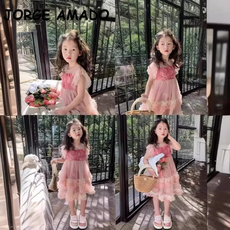 Korean Style New Summer Kids Girl Dress O-neck Cute Chiffon Yarn Pink Fashionable Cake Layered Princess Dresses K0038