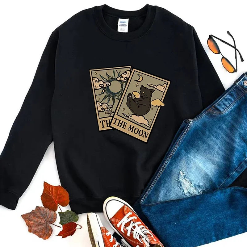 

Casual Vintage Women Sweatshirts Tarot Bear & Moon Printed Pullover Fleece Warm Street Crewneck Hoodies Loose Female Clothes