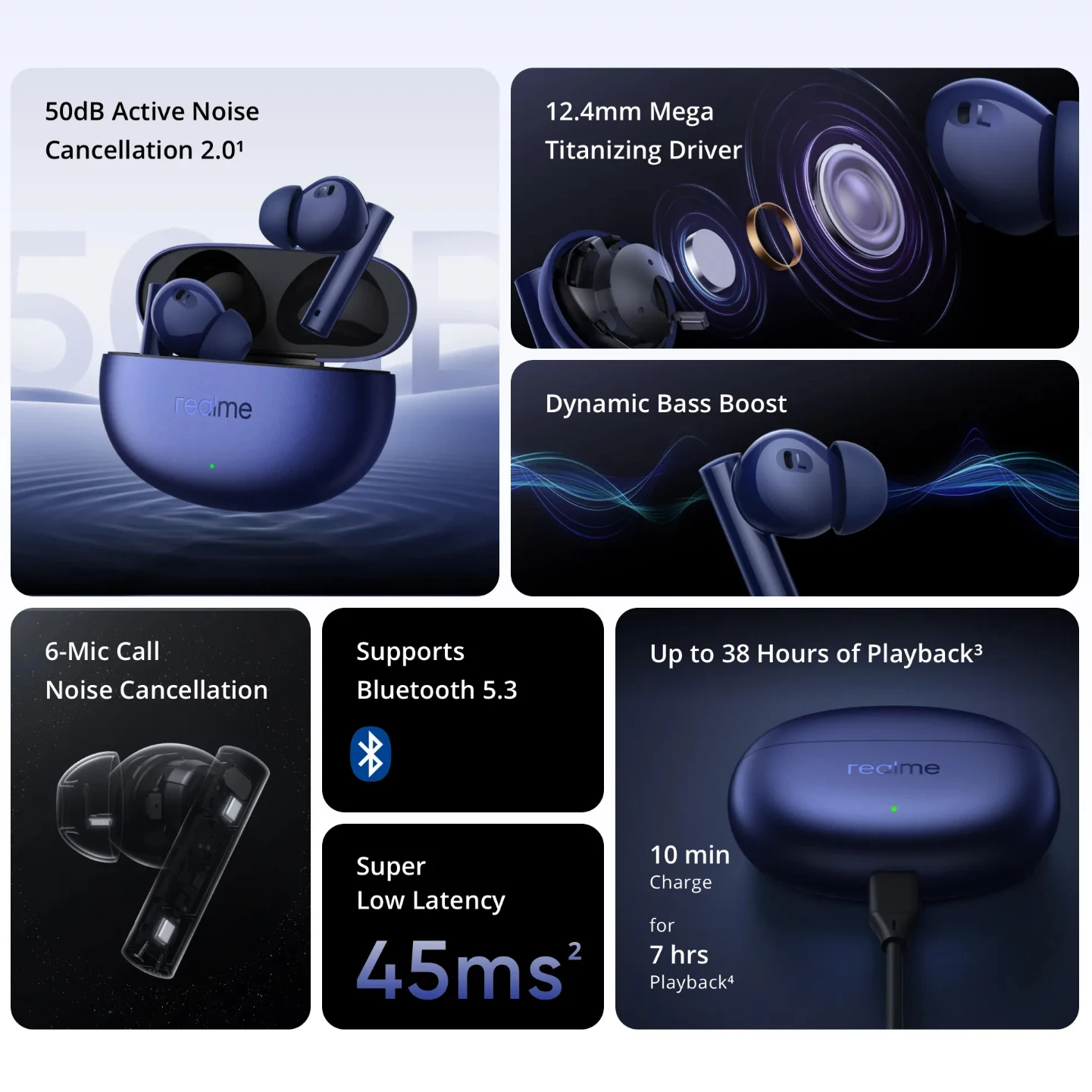 Global Version realme Buds Air 5 TWS Earphone 50dB Active Noise Cancellation Wireless Headphone 38Hour Battery Life Bluetooth5.3