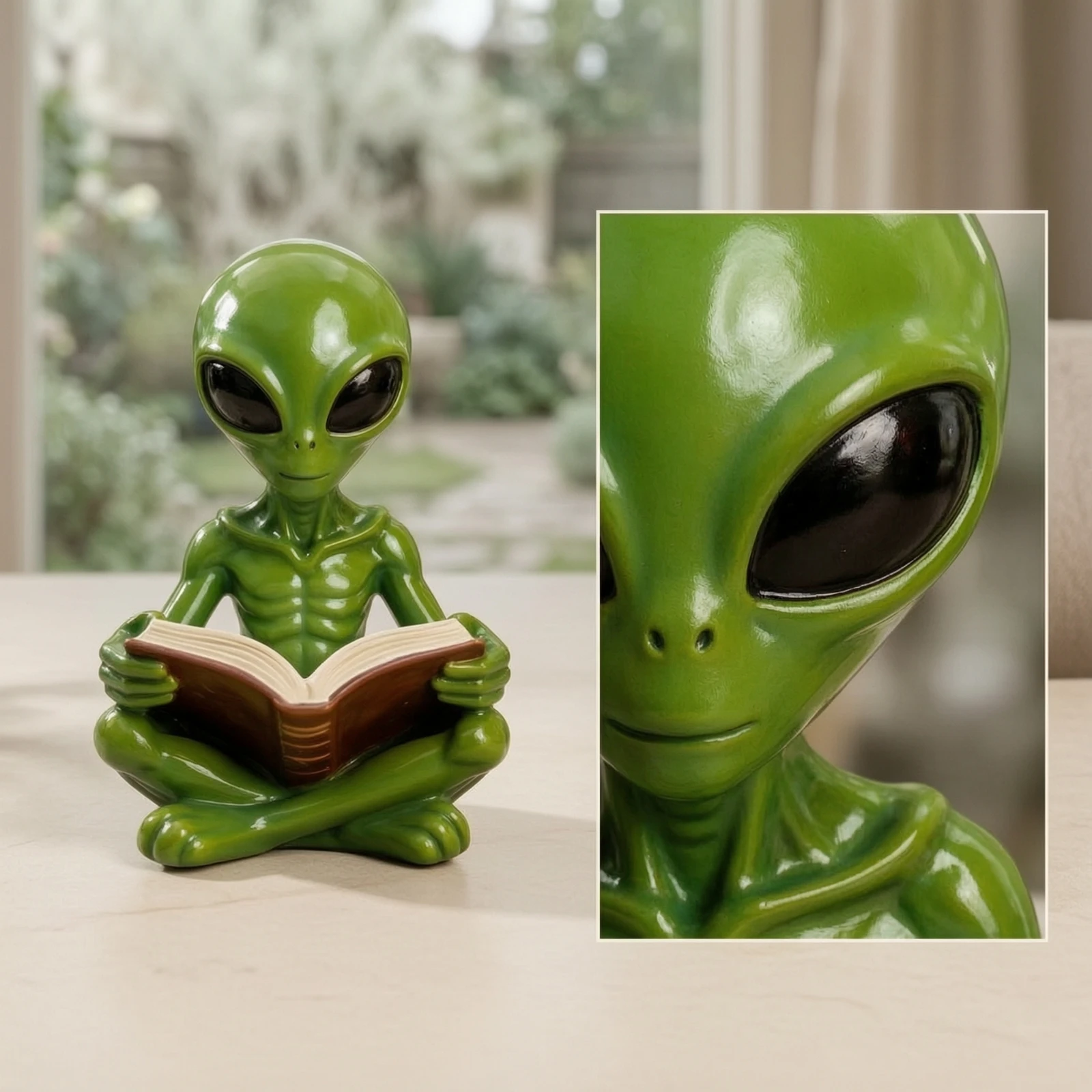 Alien Figurine with Book Glossy Resin Alien Figurine Garden Statue Miniature Funny for Bookshelf, Desk