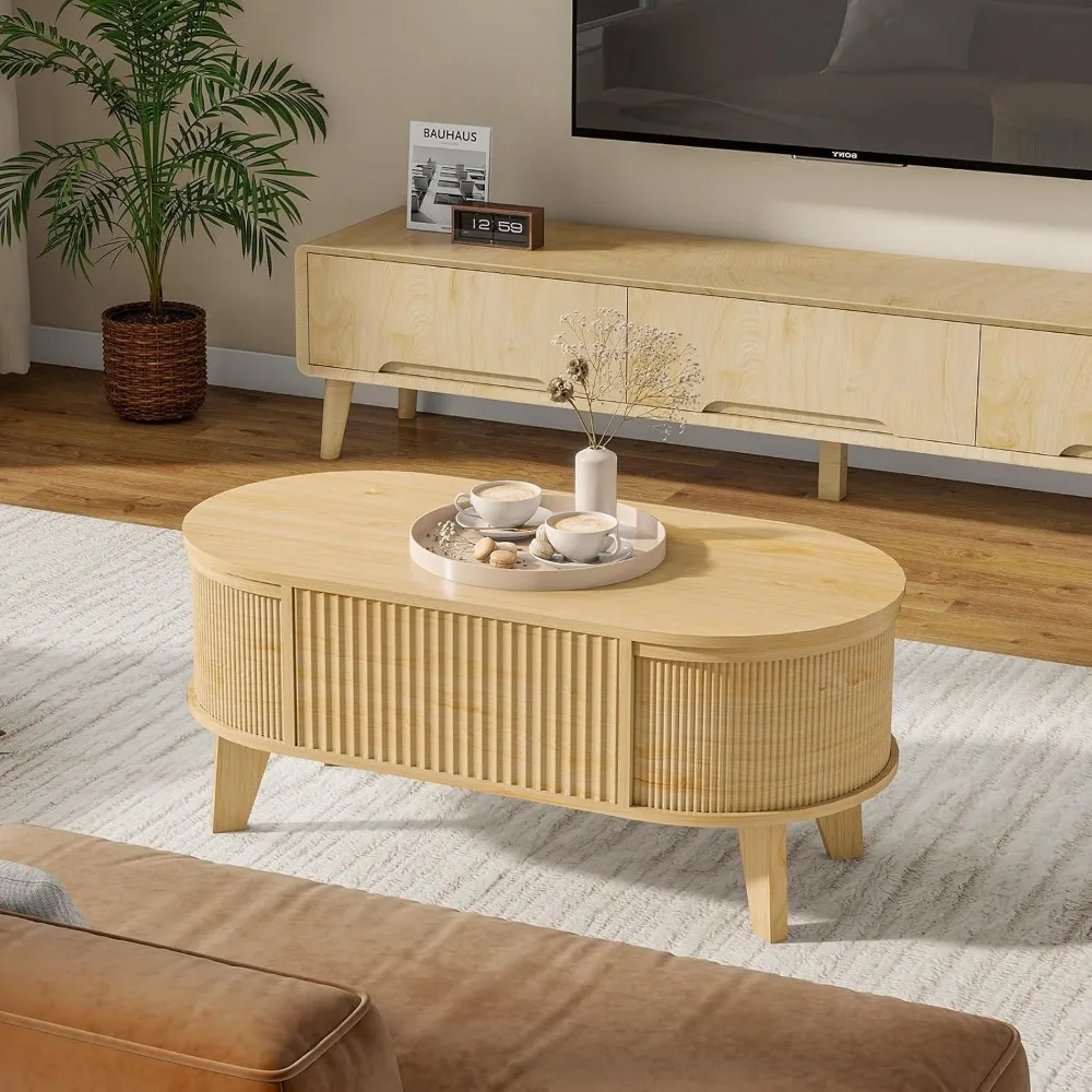 Meja Kopi Oval Modern dengan Penyimpanan Tersembunyi, Desain Bergalur untuk Ruang Tamu dan Kantor Rumah, Finishing Alami