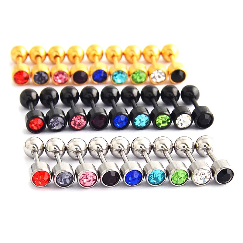 2Pcs Surgical Steel Multicolour Crystal Screw Ball Stud Earrings for Women/Men Cartilage Helix Barbell Ear Stud Piercing Jewelry