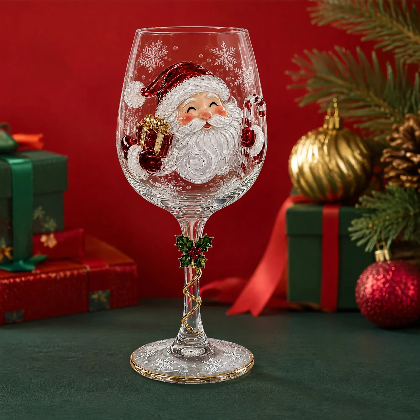 Christmas Table Decoration Wine Glass 2D Holiday Art Santa Snowman Reindeer Clear Festive Goblet
