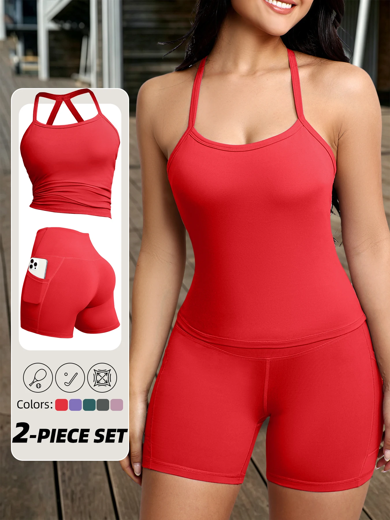 2PCS Yoga Set Women's Halter Backless Workout Outfits Padded Sports Bra Tank Top Matching Tummy Control Biker Shorts with Pocket
