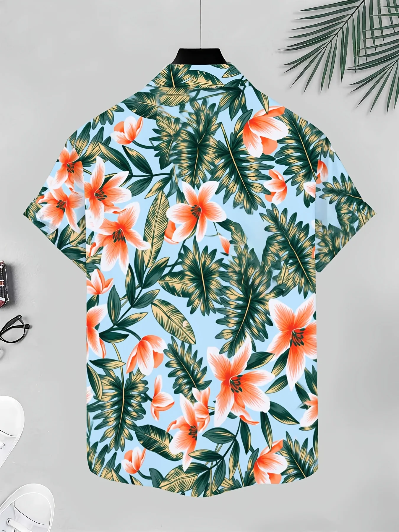 Men's Hawaiian Shirt Tropical Palm Leaf Orange Flower Print Short Sleeve Button Down Casual Beach Aloha
