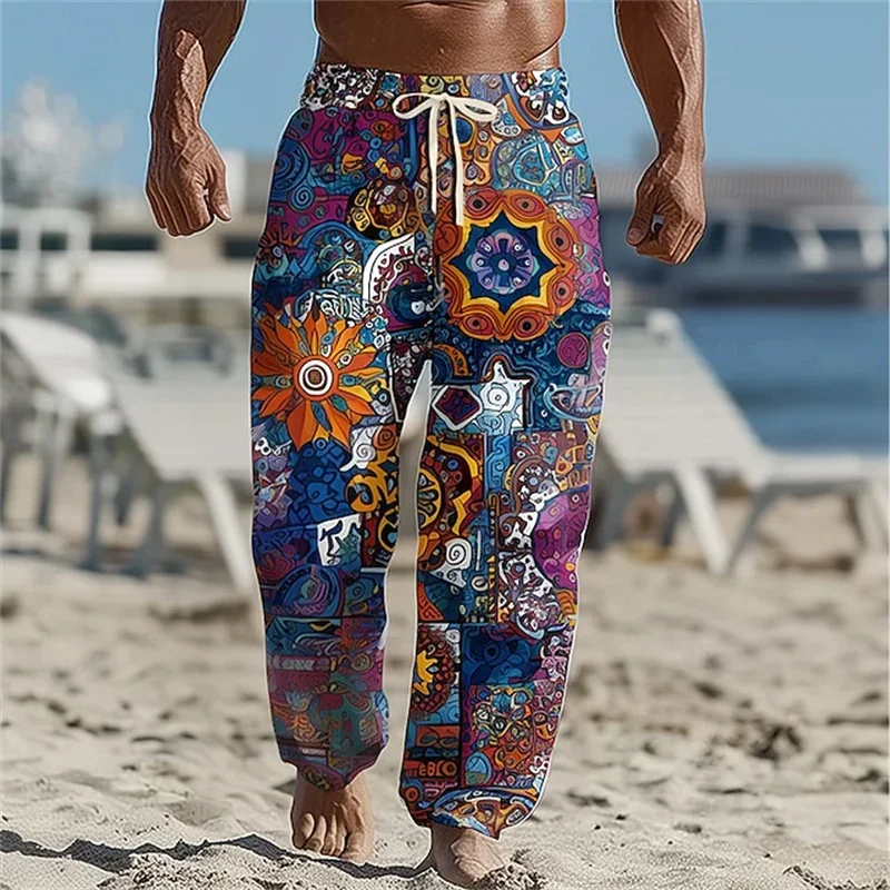 Herrenhose in Rotbraun mit Tribal- und Geometrischem Patchwork, Locker Geschnitten, Weites Bein, Lässige Sommerhose für Strand und Alltag mit Kordelzug und Seitentaschen – Detail 14