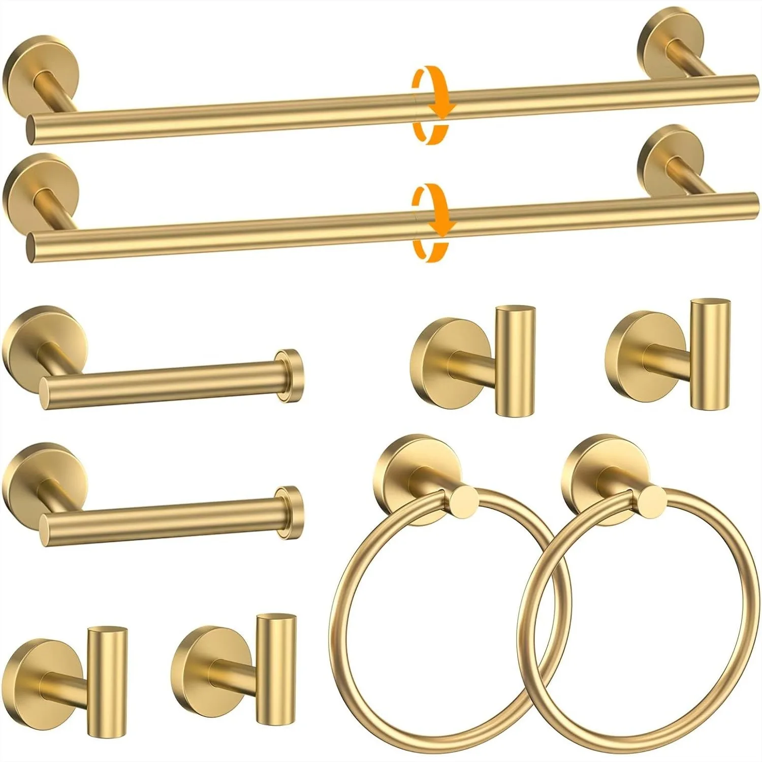 Brushed Gold Towel Bar Set 10 Pieces Round Bathroom Hardware Set Includes 23.6in Towel Bar, Towel Ring, Toilet Paper Holder