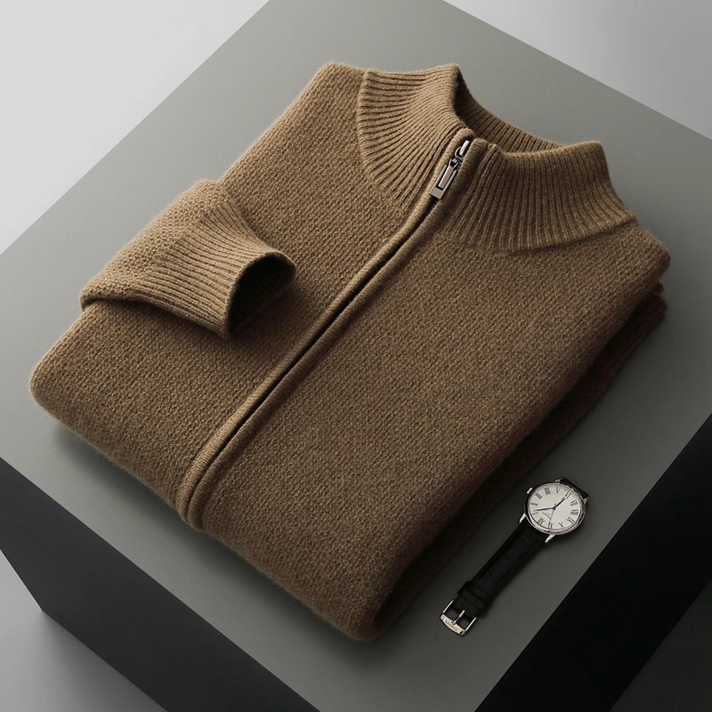 الخريف والشتاء 100% الصوف الخالص سترة الرجال الوقوف طوق سستة سترة سميكة الأعمال عادية الكشمير محبوك معطف #6