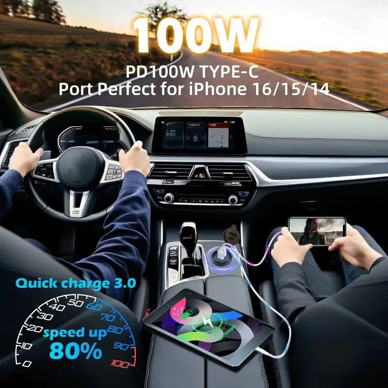 12V USB Laptop Car Charger PD 100W QC3.0 18W Dual Port Fast Charging Socket for RV Truck Outdoor Use