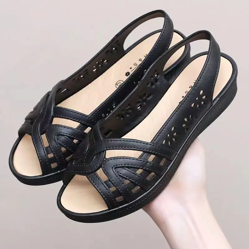 2024 New Women\'s Summer Open Toe Hollow Flat Sole Sandal Soft Sole Non Slip Shallow Slip-On Fish Mouth Sandals Mom\'s Sandals